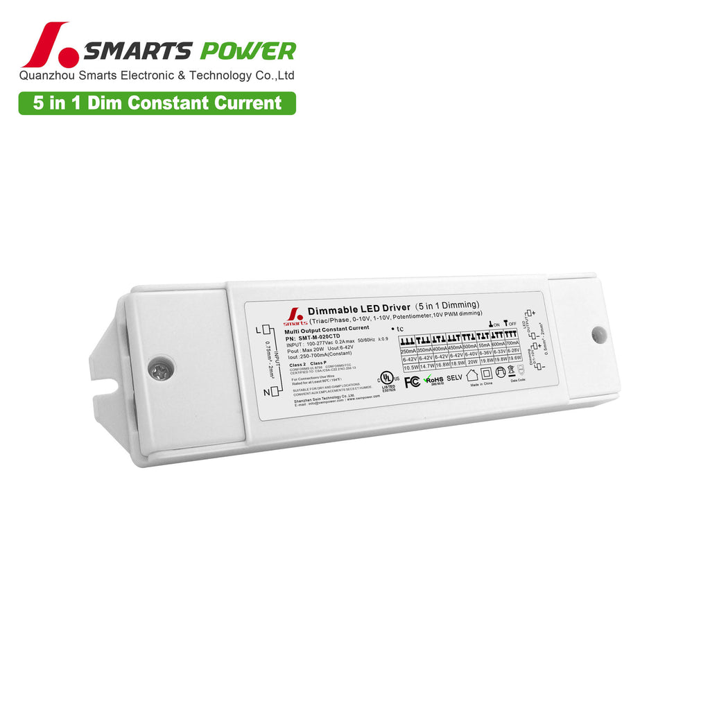 250mA-700mA 5 in 1 dimmable constant current 20w led driver price – Smarts  Power